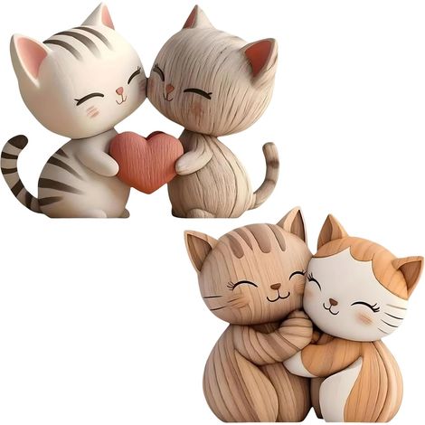 2 Pièces Figurine Chat,Statue Bois 2D,Décoration Naturelle,Ornement Compact,Bureau Salon Cadeau (1/5)