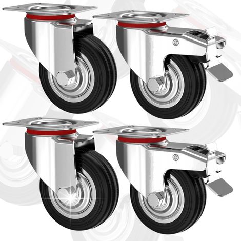 RUEDAS GIRATORIAS DE 75 mm, RUEDAS DE METAL Y GOMA, JUEGO DE 4 PARA COCHECITOS DE BEB脡 CON FRENO (1/5)