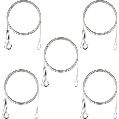 Câble en Acier Inoxydable 5 Pcs x 2M Fil Suspension en Acier Inoxydable Charge Maximale 30kg Boucle de Câble avec Anneaux Crochet pour Cadre Photo Rideaux Lumières (1/5)