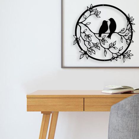 Metall-Wanddeko: Vogel auf Ast, rundes Wandbild, Vogel-Silhouette, Vogel-Eisenkunstwerk zum Aufhängen für Wohnzimmer und Büro (1/4)
