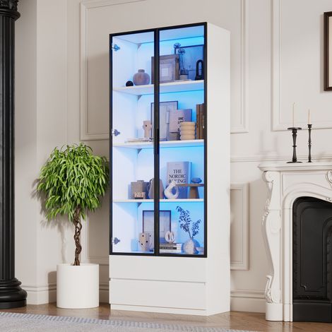 Vitrine 80x34x200 cm grande armoire avec lumières LED,meuble latéral salon 2 portes vitrées,2 tiroirs étagères d’exposition cadre aluminium blanc. (1/5)