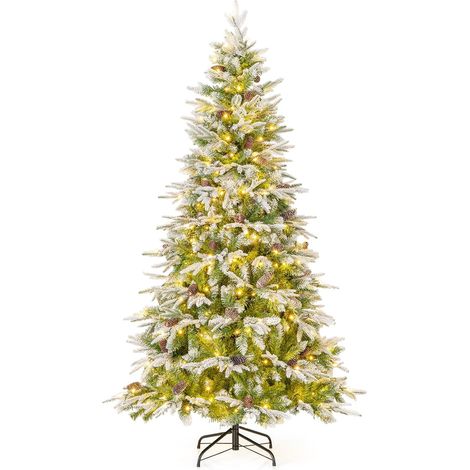 COSTWAY Albero di Natale Artificiale Pre-Luminoso 190CM, Albero di Natale Innevato con 280 Luci LED Bianche Calde, Rami Articolati e 765 Punte, 62 Pigne e Base Metallica (1/5)