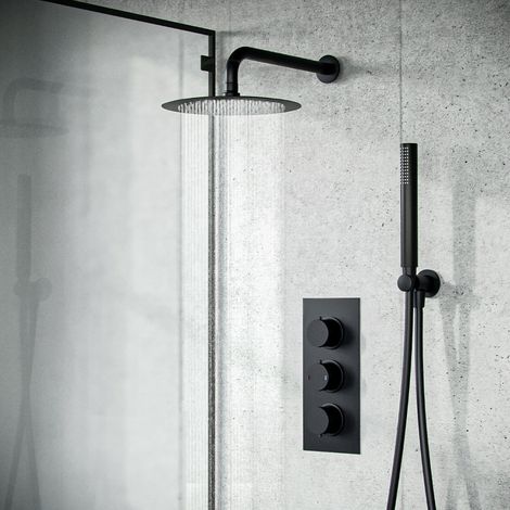 Temel 2 Way Matte Black Thermostatic Shower Mixer Valve with Handset, Head & Arm Set