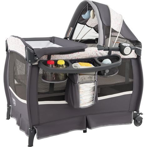 GOPLUS Lit Parapluie Bébé Pliable avec Matelas, Berceau Bébé Evolutif avec Table à Langer, Boîte à Musique et Roues Verrouillables, Lit de Voyage avec Sac de Transport pour 0-3 Ans (Gris-Rose) (1/5)