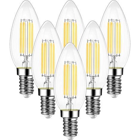 Ampoule Filament Bougie Vintage LED E14, Ampoules 6W LED Filament équivalent ampoule traditionnelle 60W, E14 Ampoules Culot Vintage Edison Blanc Chaud 2700K 750LM, Lot de 6 [Classe énergétique E] (1/5)