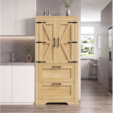 Mueble auxiliar de cocina alto con 2 cajones y estantes regulables, efecto madera natural HAVRYA (1/5)