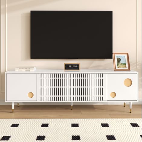 Mobile TV con Griglia, Maniglie Nascoste, Deco Oro, 2 Ante Legno Massello, Soggiorno (1/5)