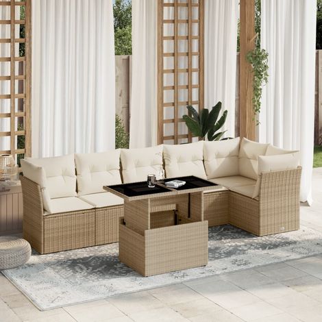 Canapé d'extérieur 7 pièces en résine tressée beige avec coussins crème, table réglable 100x55 cm, modulable et UV résistant (1/5)