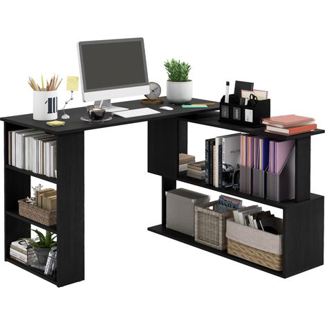 Scrivania angolare con ripiano. Scrivania con ripiani per ufficio e studio. 120x110x74,5 cm. Nera.