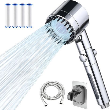 High-pressure shower head, 4 modes, anti-limescale filter, 1.5m hose, bracket, instant shut-off, bathroom (1/5)
