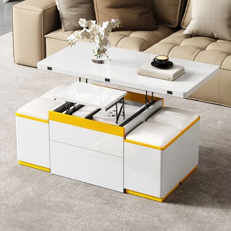 Mesa transformable de MDF blanca/amarilla 100 cm, elevable y plegable con 4 taburetes