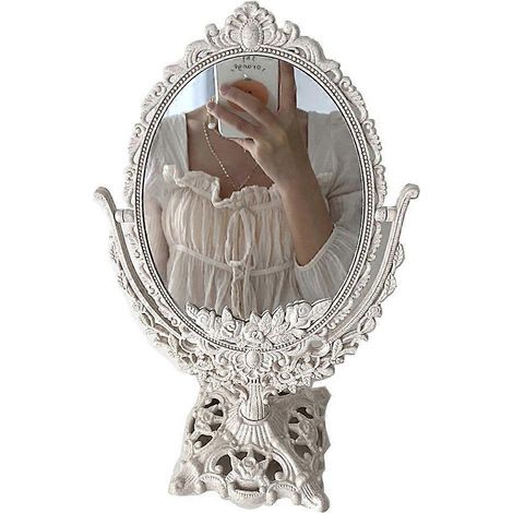 Kleiner ovaler Schminkspiegel mit geschnitzten Elementen, schicker Standspiegel aus Glas fürs Schlafzimmer