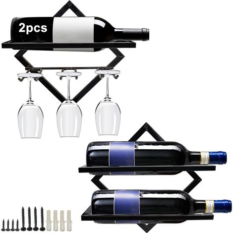 Support mural métallique pour bouteilles de vin, armoire à vin pliante et suspendue pour 2 bouteilles, armoire à vin murale pour la cuisine, le bar et la cave (2 modèles) (1/2)