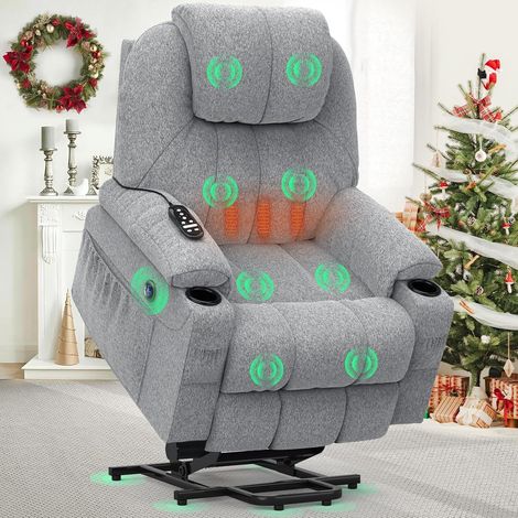 Fauteuil TV électrique réglable, fauteuil de massage avec fonction d'aide au lever, chauffage et repose-pieds, équipé de 2 poches latérales et d'un porte-gobelet, prise USB, tissu gris clair