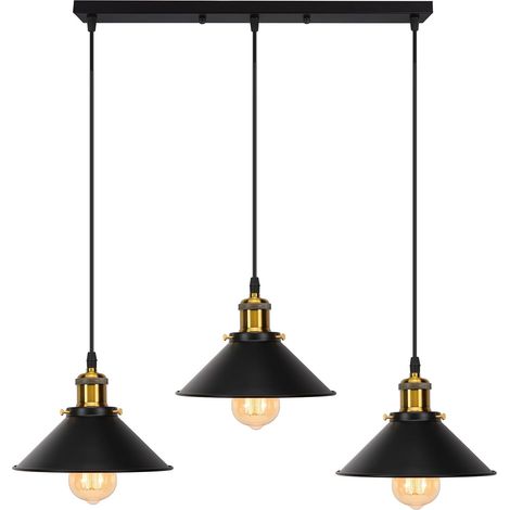 3 Lampes Suspension Luminaire Industrielle Lustre Plafonniers Design Edison Métal Lustre Suspension avec 50cm Support en Barre, Ø 22cm, Noir (1/5)
