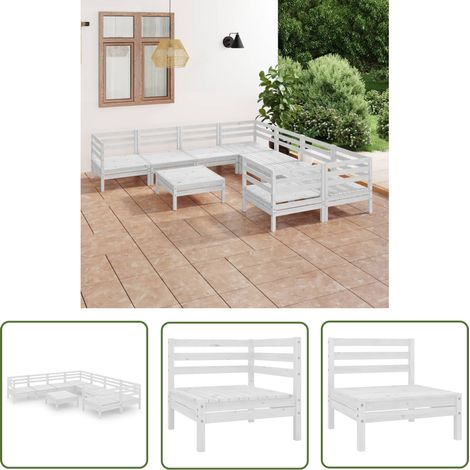 INLIFE Salon de jardin 9 pcs Blanc Bois de pin massif (1/5)