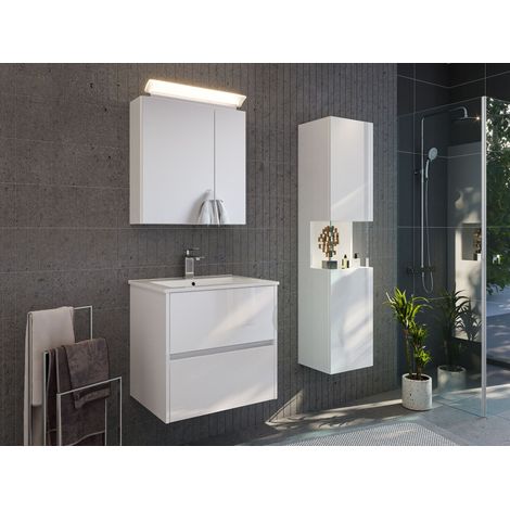 Badmöbelset Taifun 60cm 3tlg mit Spiegelschrank und Seitenschrank weiß Hgl