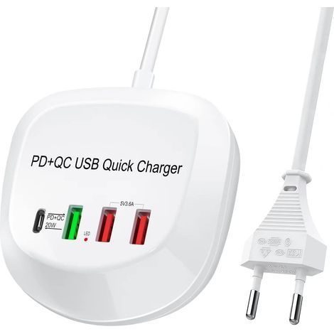 Chargeur USB C Rapide, Chargeur Secteur USB PD QC 3.0 à Chargeur Rapide Adaptateur Secteur USB Multiple 4 Ports pour Iphone iPad (1/5)