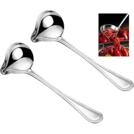 Lot de 2 cuillères à sauce en acier inoxydable argenté - 20 cm - Cuillères à sauce avec bec verseur - Petite louche à sauce pour vinaigrettes, sauces à soupe, sauces frites, petites louches (1/4)