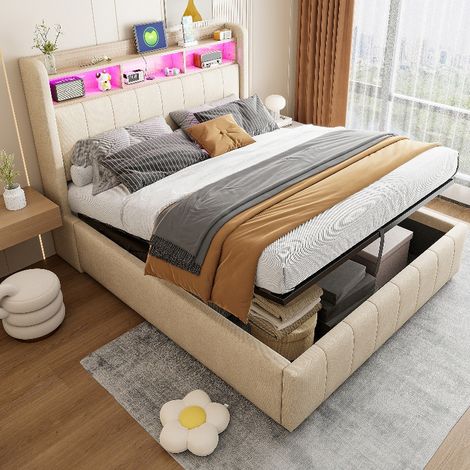 Polsterbett 140x200 cm mit Stauraum und LED-Beleuchtung, Doppelbett mit Hydraulik-Bettkasten, Kopfteil mit Regalen und USB, Leinenstoff Beige (1/5)