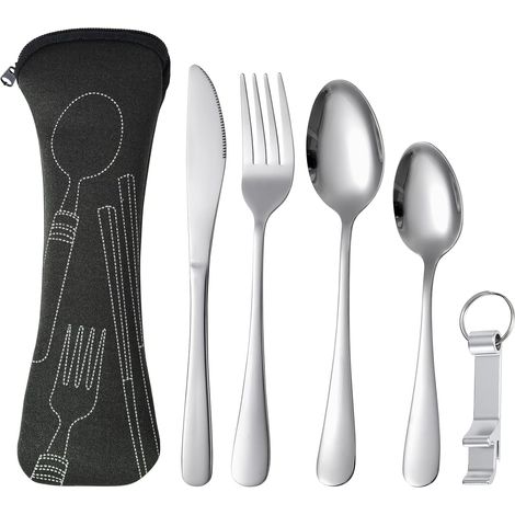 Set de 5 couverts camping : 2 cuillères, couteau, fourchette, étui. Idéal pique-nique, randonnée, voyage. Noir. (1/5)