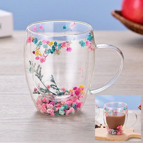 Verres double paroi 350ml avec décoration de fleurs séchées pour café, thé & latte macchiato