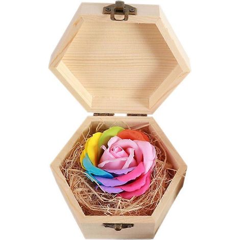 Coffret cadeau de savon rose coloré en forme de fleur, coffret hexagonal en bois, cadeau élégant pour mariage, Noël ou Saint-Valentin (rose) (1/5)