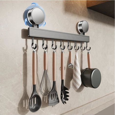 barre to hooks kitchen without drilling with cup, bracket removable for utensils,Barre Utensils stainless steel, 8 hooks (1/4)