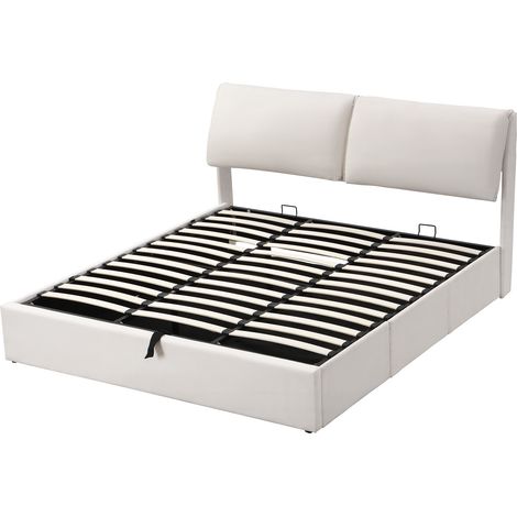Lit rembourré, 180200, lit hydraulique, trois tiroirs, coffre de lit pour rangement, sommier à lattes avec tête de lit, sans matelas, velours, beige (1/5)
