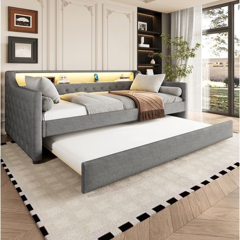 Lit gigogne en lin gris 90x200 cm avec sommier à lattes, LED et ports USB (1/5)