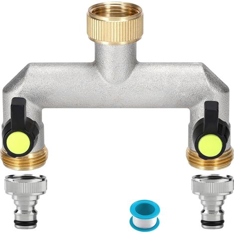 Robinet 2 Voies 3/4" pour Connexion de 2 Appareils, Robinet Double Sortie Répartiteur d'eau, Répartiteur de Tuyau avec 1/2 Pouce Adaptateur et Ruban PTFE pour Régler et Arrêter Le Débit d'eau