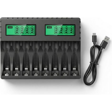 Chargeur de Piles Rechargeables AA AAA 8 Slots, Chargeur Accu Rapide avec Écran LCD et USB-C, Chargeur Intelligent pour Pile Rechargeable AA/AAA Ni-MH (1.2V) (1/5)