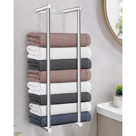 1 - Porte Serviette Mural - Acier Inoxydable - 2 Barres Avec Traverse - Pour Serviettes Pliées Ou Enroulées - Salle De Bain Hôtel - Argent - 75x20cm