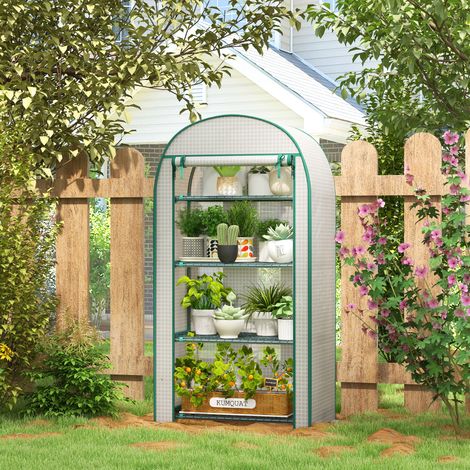 Serre jardin verticale Blanc 4 étagères métalliques couverture PE 80x50x160 cm