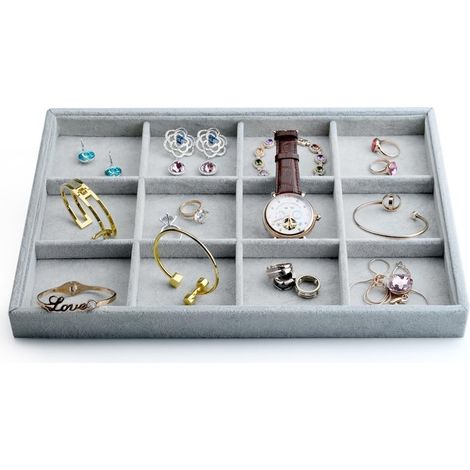 Bijoux en velours gris 12 grilles plateau à bijoux, boîte à bijoux rangement plateau à bijoux organisateur de bijoux (1/2)