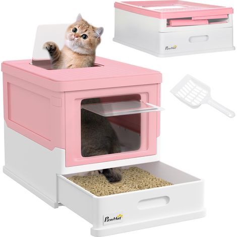 Bac à litière pour chat en polypropylène à 2 portes, fermé, avec pelle et plateau amovible, 47.5 x 35.5 x 36.7 cm, rose et blanc (1/5)