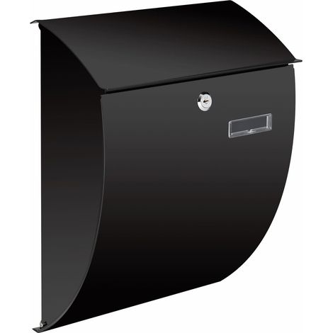 Perel Boîte aux lettres murale Nice pour extérieur noire avec porte-nom et serrure, boîte aux lettres métallique avec 2 clés et accessoires de fixation, façade incurvée, résistante aux intempéries (1/5)