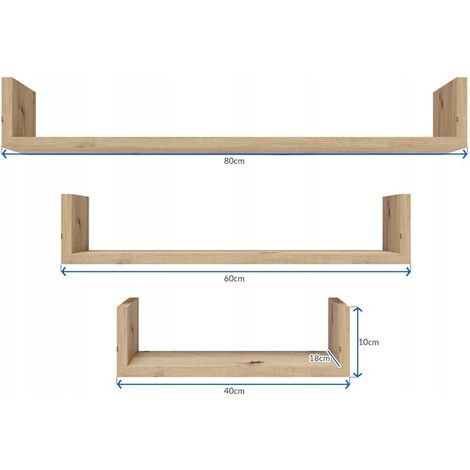 EX3 Grande mensola sospesa, rovere artigianale, set di 3 mensole