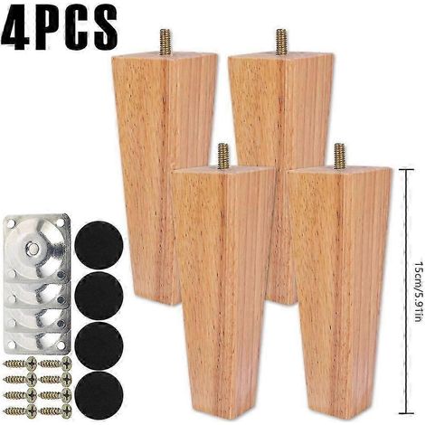 Pieds de meubles carrés 4/8, pieds de canapé en bois massif de 6/10/15 cm, hauteur de remplacement, avec vis et patins de fixation, jaunes, 15 cm, lot de 4 (1/5)