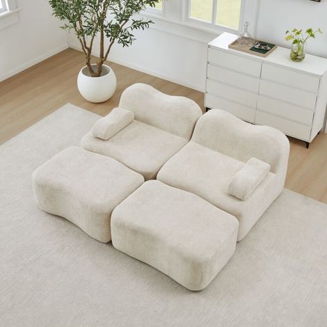 Canapé d'Angle Modulable 2 Places en L avec 2 Poufs - Sans Armature, Mousse Haute Densité 32D, Antidérapant, 192x167x70cm - Beige (1/5)