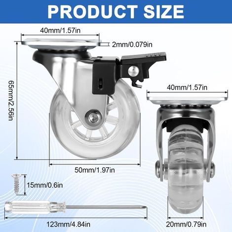 4 Stück transparente Möbelrollen mit Bremsen, Schwerlast-360°-Drehrollen, geräuscharme Transportrollen - 50 mm bis 200 kg (mit 16 Schrauben) (1/5)