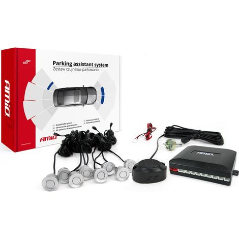 Kit de sensores de estacionamiento traseros con zumbador, 8 sensores, color plata amio-01596 (1/5)