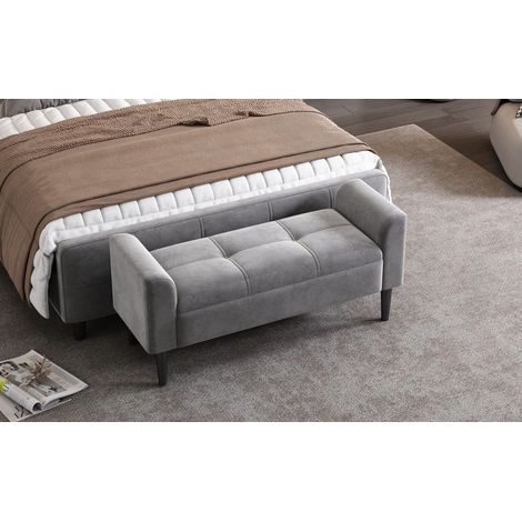 Banco de Dormitorio Tapizado con Reposabrazos, Acolchado Capitone, para Dormitorio o Comedor, Terciopelo Gris 116 × 44 × 56 cm
