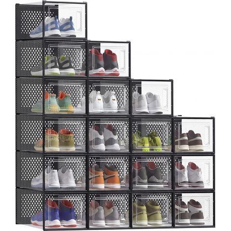 Boîtes à Chaussures, Rangement Chaussures en Plastique, Pliables et Empilables, pour Pointure Jusqu’à 47, Lot de 18, Transparent et Noir d'Encre (1/5)
