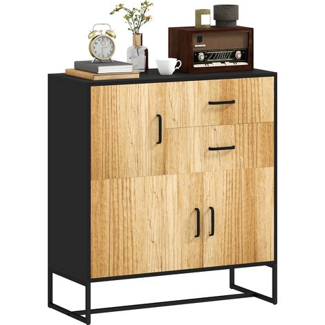 Crédence Moderne Rangement avec 3 Placards et 2 Tiroirs, Meuble Polyvalent en Panneau de Particules et Acier, 80x35x85 cm, Noir et Bois