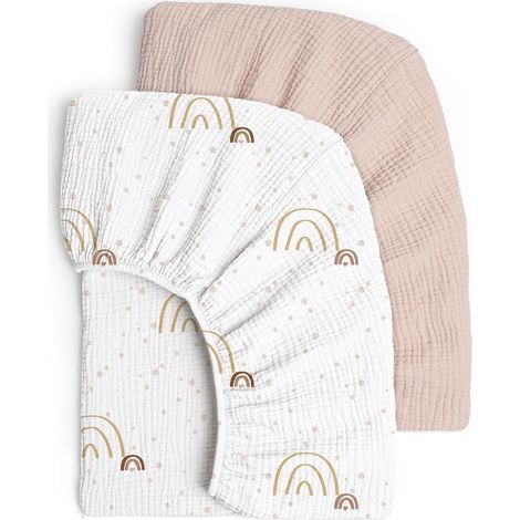 Ensemble de 2 draps-housses avec coins élastiques pour bébés, en coton mousseline, pour berceau et lit bébé, 60 x 120 cm/70 x 140 cm, drap de voyage (rose arc-en-ciel, 60 x 120 cm) (1/5)