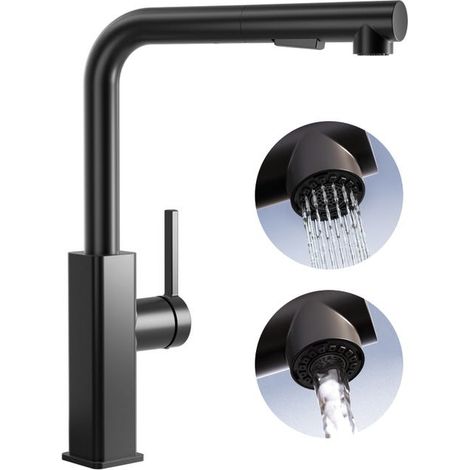 Robinet douchette avec 2 Modes de Sortie D'eau - Mitigeur de Cuisine avec Douchette Extractible - Noir Mitigeur Cuisine en Inox (1/5)