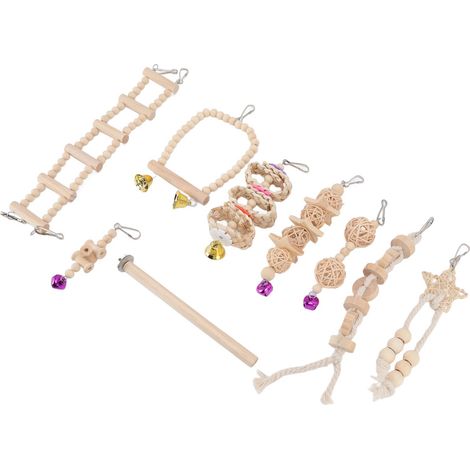 Ensemble de 9 jouets pour perroquets : balançoire, clochette à mâcher, bois naturel, sécurité et multifonctionnel. (1/5)