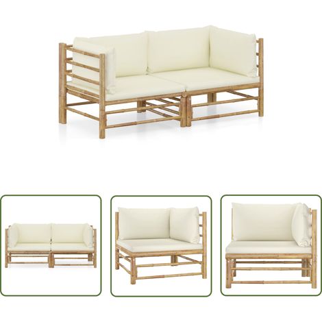 INLIFE Salon de jardin 2 pcs avec coussins blanc crème Bambou (1/5)