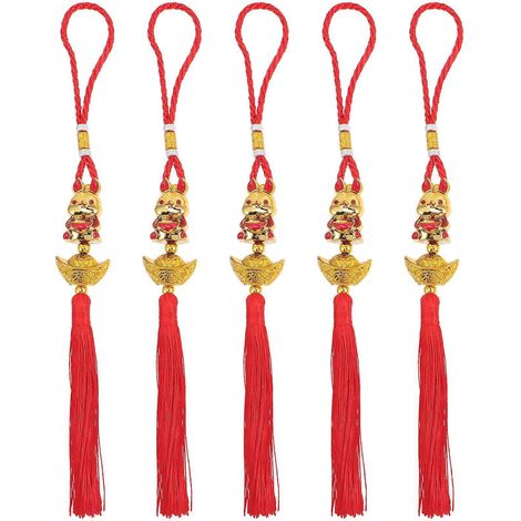 Lot de 5 décorations de voiture rouges pour le Nouvel An chinois : nœuds et pompons, ornements suspendus symbolisant la richesse.-32x3cm (1/3)